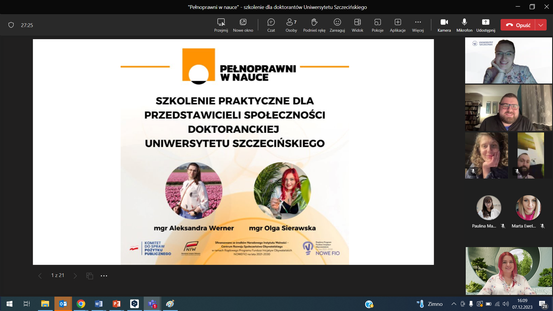 Szkolenia dla doktorantów Uniwersytetu Szczecińskiego w ramach projektu „Pełnoprawni w Nauce”