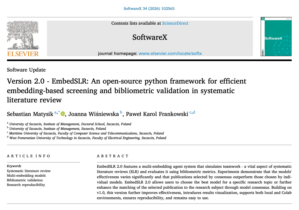 Artykuł EmbedSLR 2.0 w czasopiśmie SoftwareX