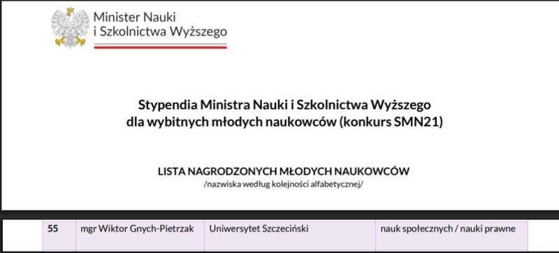 Doktorant Szkoły Doktorskiej Stypendystą Ministra Nauki i Szkolnictwa Wyższego